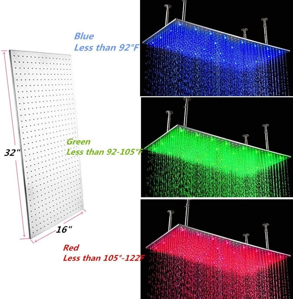 16X32 pulgadas Extra grande sistema de ducha de lluvia LED techo Termostatic conjunto de ducha con cuerpo Spray, níquel cepillado