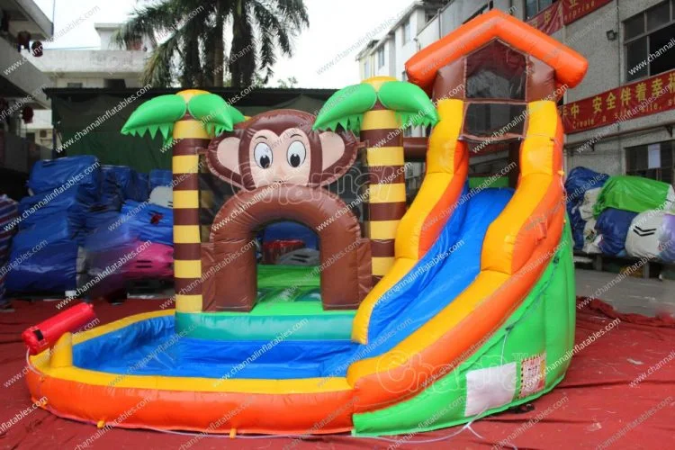 Monkey Themed tobogán acuático con piscina en la Selva Casa Salto Gorila inflables inflables de PVC del Lago Mono de rebote combinado de diapositivas de la casa