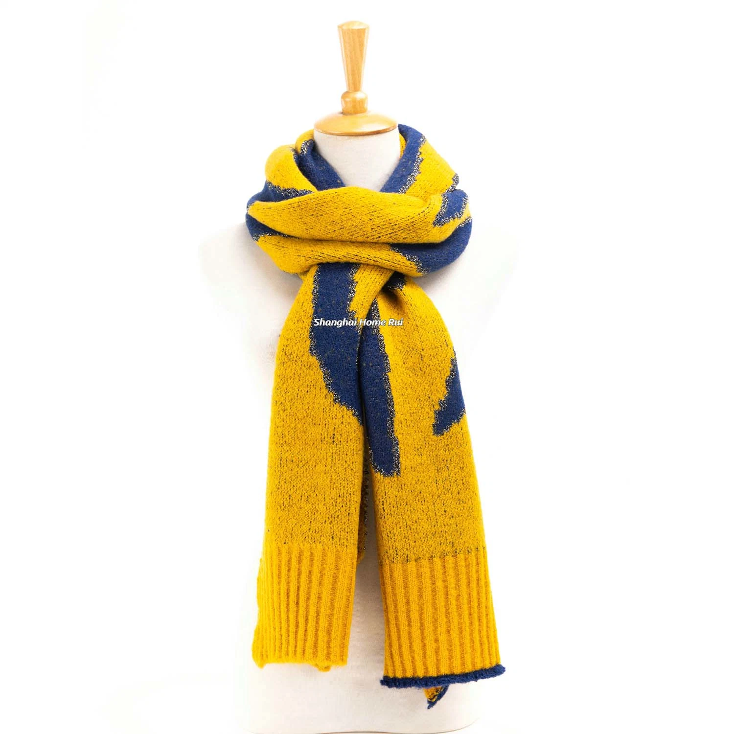 Fashion Accessory Men Winter Mustard Navy Acrylic Lurex Metalic Yarn Knitted Fringe Zebra Jacquard Stripe Design Long Scarf