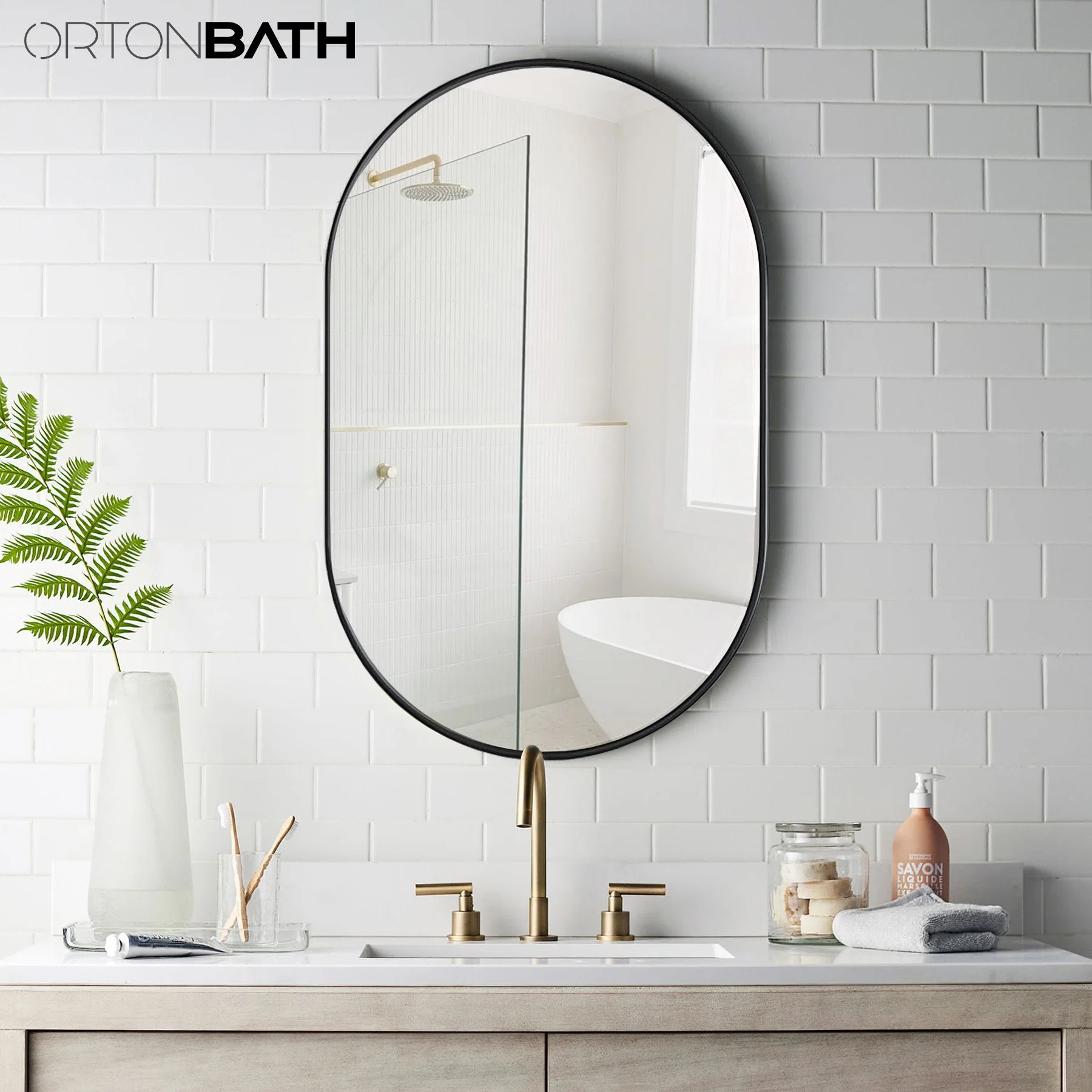 Ortonbath Modern Oval Wall Mounted Hanging Mirror for Bathroom with Brushed Black Metal Vanity Mirror for Bathroom Over Sink