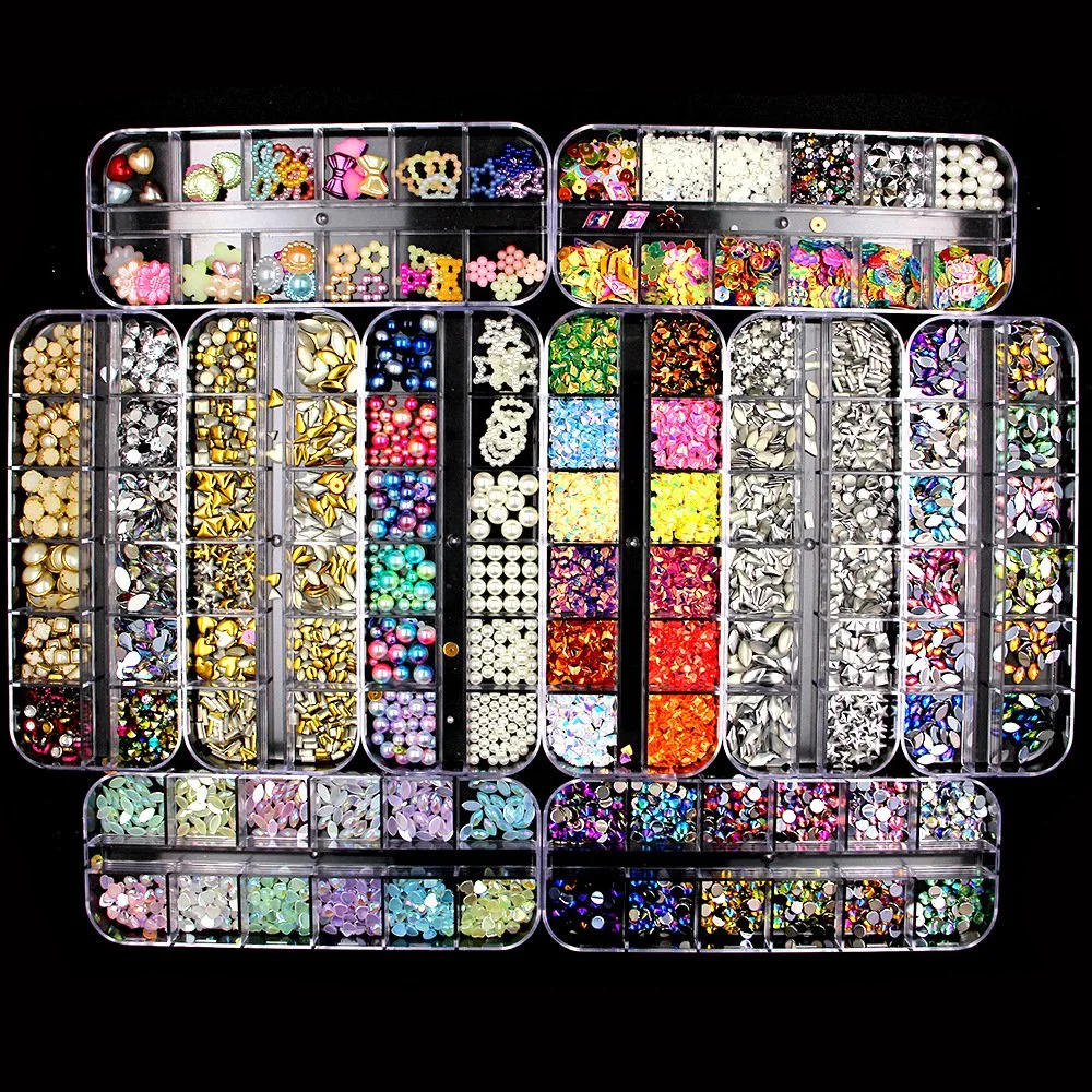 12 Grid Nail Art Accesorios conjunto completo arco forma nudo Diamantes Mixed Pearl Peach Heart Sequins Nail Art