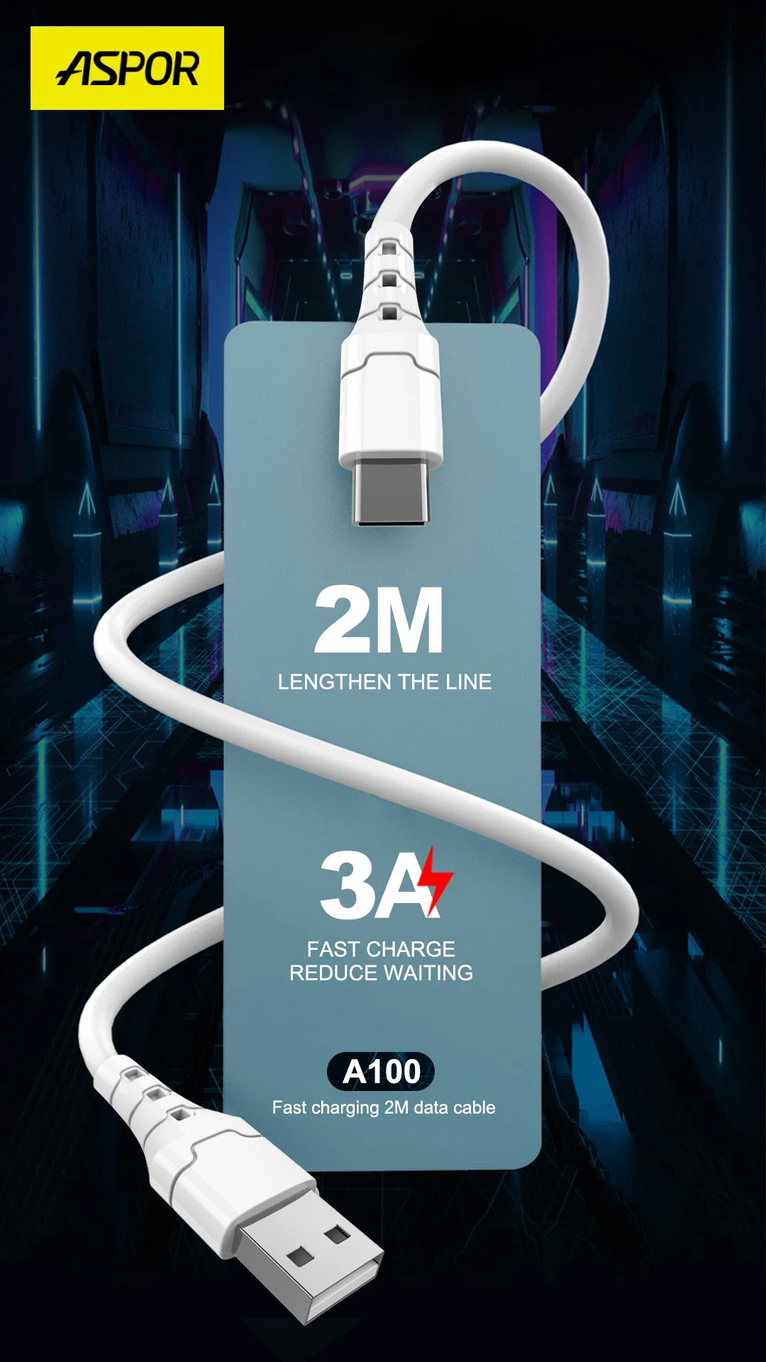 Aspor Brand Top One Selling 2m Length Data Cable A100L/101L/102L 3A Fast Charging Cable for Mobile Phone