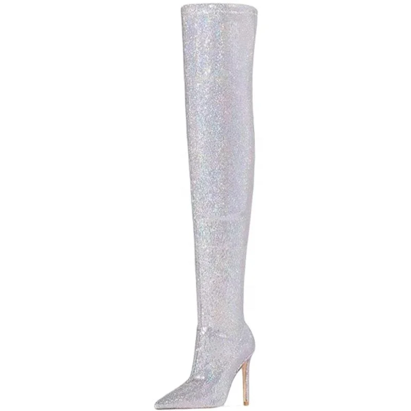 New Sexy Pointy Toe Super Stiletto Heel Ladies Long Boots Female Shoes Thigh-High Stylish Sequin Fashion Over The Knee Boots for Women