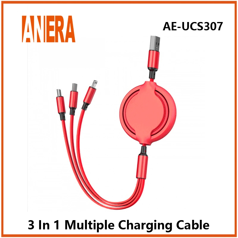 Cabo de Carregamento Rápido Retrátil Flexível Telescópico 3 em 1 USB2.0 para Cabo de Telefone Móvel Tipo-C&Android&Lightning