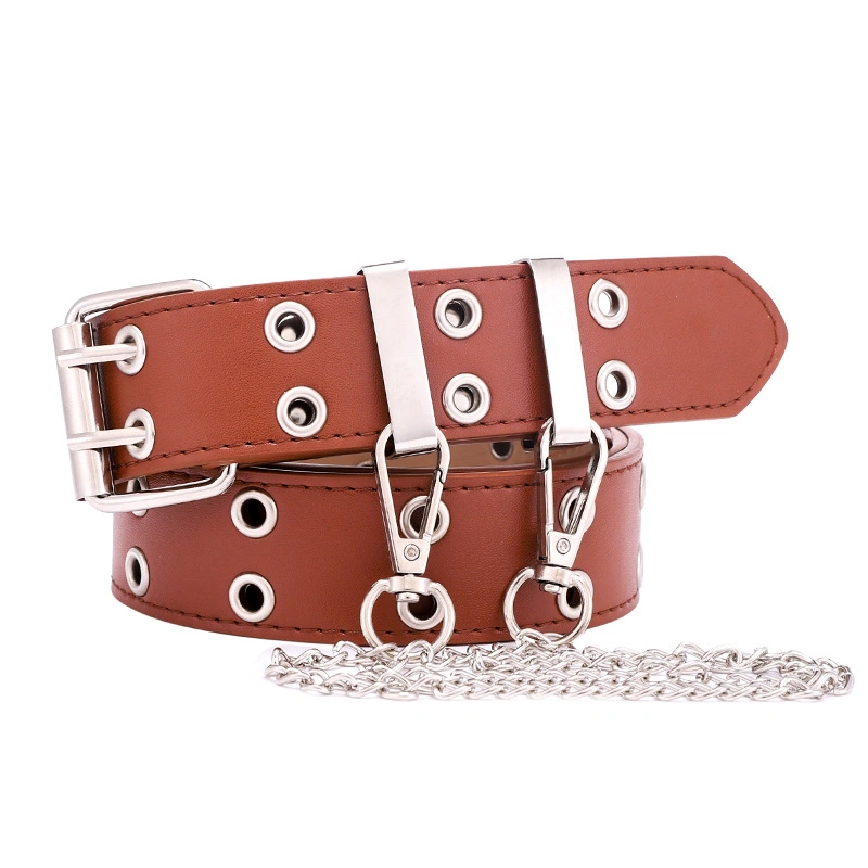 New Punk Style Double Eyelet PU Belt Women's Korean Style Jeans Fashion Chain Decoration Wide Belt Women