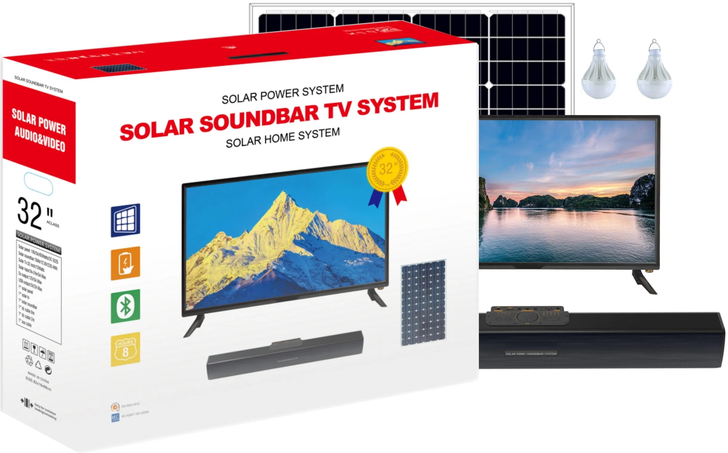 Pcv Sound-Bar Solaire Système TV Sound-Bar Withhifi Qualité en charge Bluetooth, la carte de TF, radio FM, USB, AUX, faible consommation énergétique solaire TV ne coûte que 12 W par heure