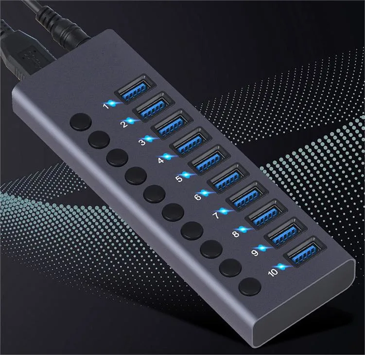 Hub USB 3,0 de carga multifuncional con concentrador de 10 puertos y. Divisor USB de alta corriente de interruptor independiente