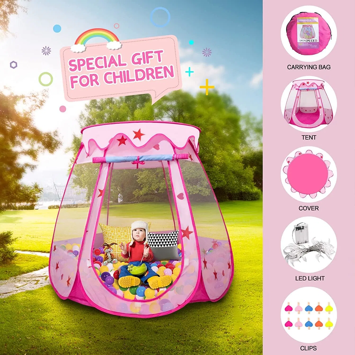 Kids Pop up Tent with Star Light and Clip, Girls Pink Princess Indoor & Outdoor Play Tent Small