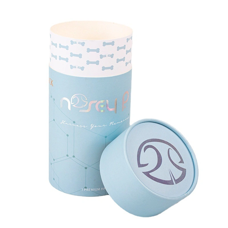 White Kraft Paper Tube Packaging Custom Silver Foil Cylinder Box with Light Blue Printing