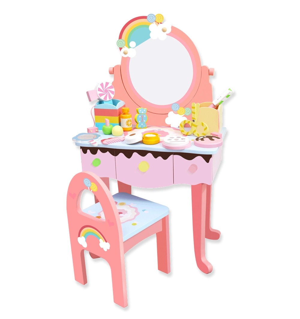Wooden Rainbow Makeup and Dressing Table and Stool Set for Little Girls