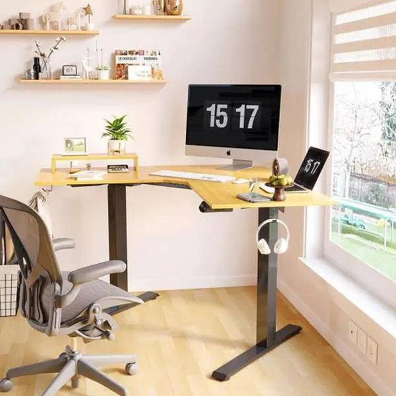 Electric Sit Stand up Desk Modern Desk White Frame Bamboo Desktop