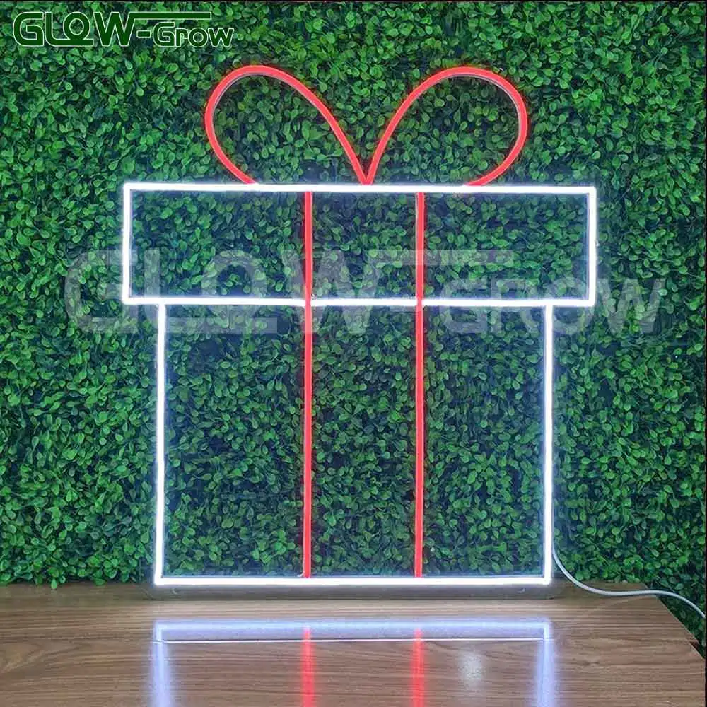 11.81'' X 14.09'' Boîte-cadeau de Noël personnalisée en néon LED Neon Flex blanc chaud avec panneau en acrylique pour la décoration de mariage à domicile et de fête.