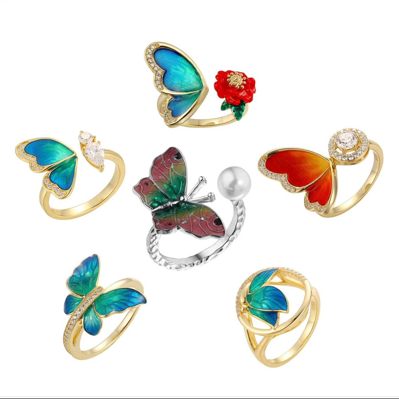 Hot Sell New Style 925 Silver Enamel Jewelry Colorful Flying Butterfly Ring Christmas Gift