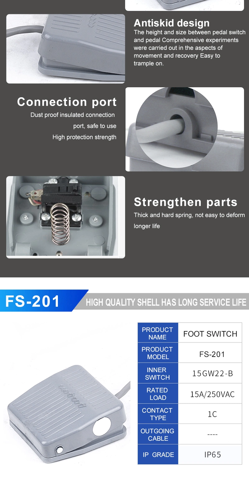 Material plástico 10A 250Vca interruptor 1A1b El interruptor de pedal FS-201