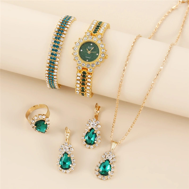 5PCS/Set Necklace Bracelet Ring Earrings Women Watch Luxury Gold Plated Five-Piece Emerald Diamond Watch Set