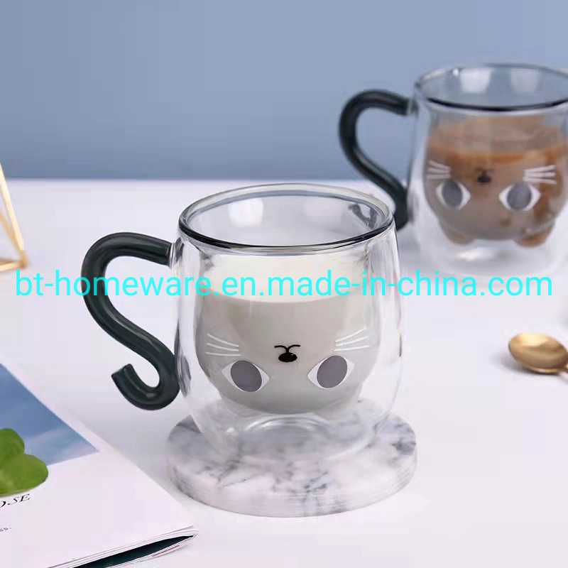 Wholesale/Supplier 350ml 11.5oz Creative Design Glass Black Cat Double Glass Water Milk Mug Thermal Insulation and Anti-Scald for Family Breakfast Cup