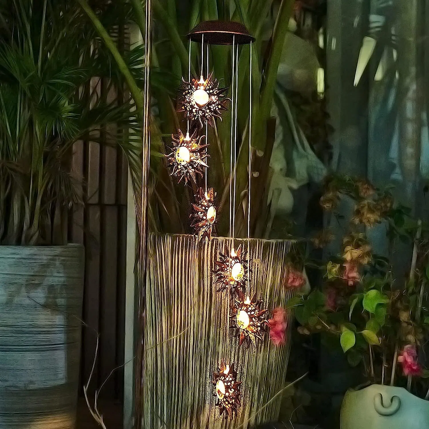 Solar Powered Wind Chimes with Sun Moon Star Warm LED Windchimes Hanging Outdoor Lights Unique Decor Gifts for Wife Mom Grandma Neighbors, Wind Spinner