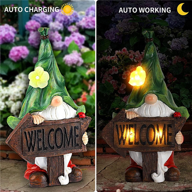 Großhandel/Lieferant Solar Powered LED Poly Resin Willkommen Zeichen Gnome Statue Landschaftsbeleuchtung Garten Garten Urlaub Dekoration Yard Dekorative Beleuchtung