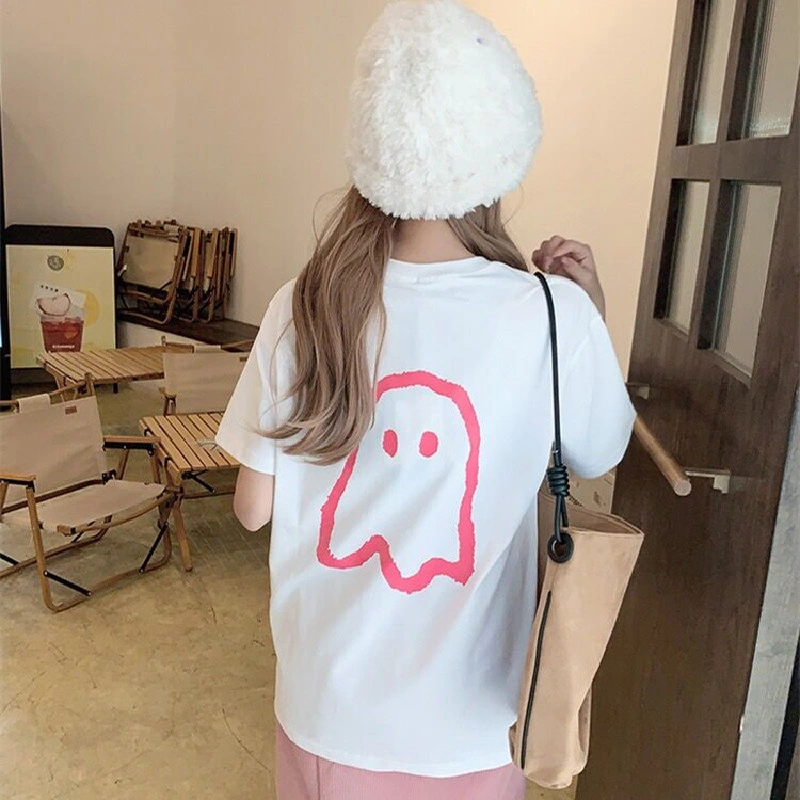 Jimo District Ader Back petit imprimé fantôme manches courtes été Korean Tide Brand couple Loose Casual Cotton – Tee-shirt pour Femme