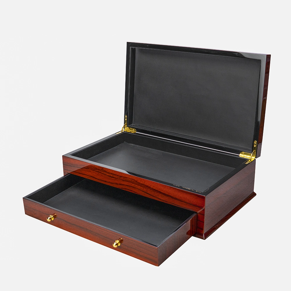 Wooden Grain Glossy Lacquer Double Layers Drawer Wooden Dates Box