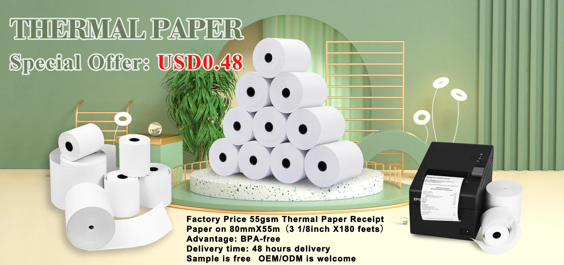 BPA Free 100% Virgin Wood Pulp Black Image 45GSM/48GSM/55GSM/65GSM Jumbo Thermal Paper Best Seller Product Models