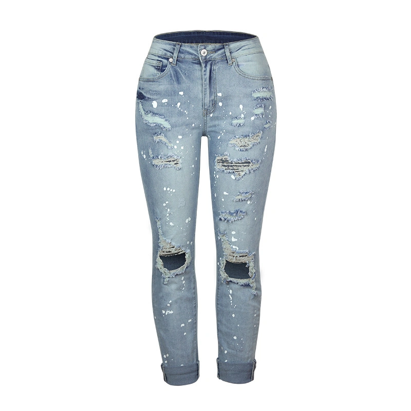 2023 La primavera y verano Nuevo Amazon Comercio transfronterizo de Europa y América lavado elástico orificio Street Style recto Denim Jeans mujer pantalones