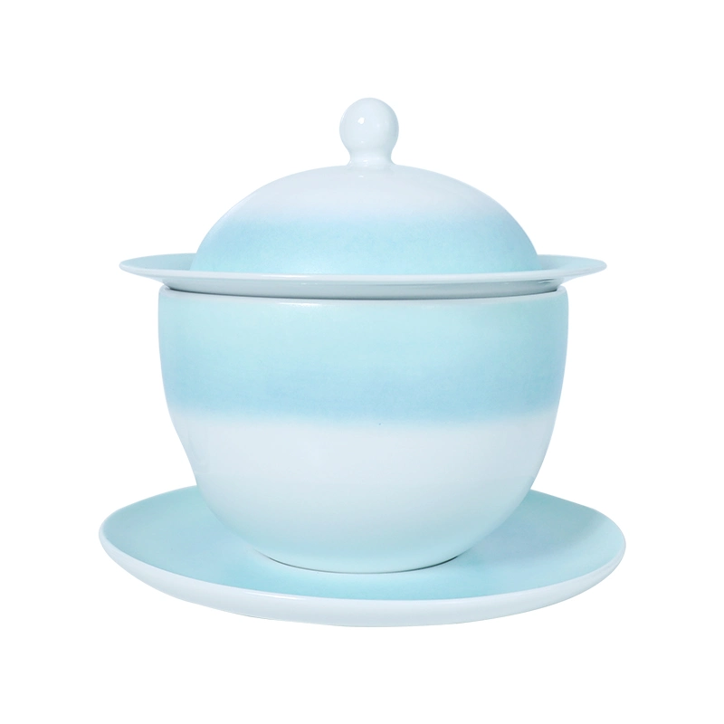 Blue White Warmer Porcelain Soup Bowl with Lid and Saucer Matte Tureen