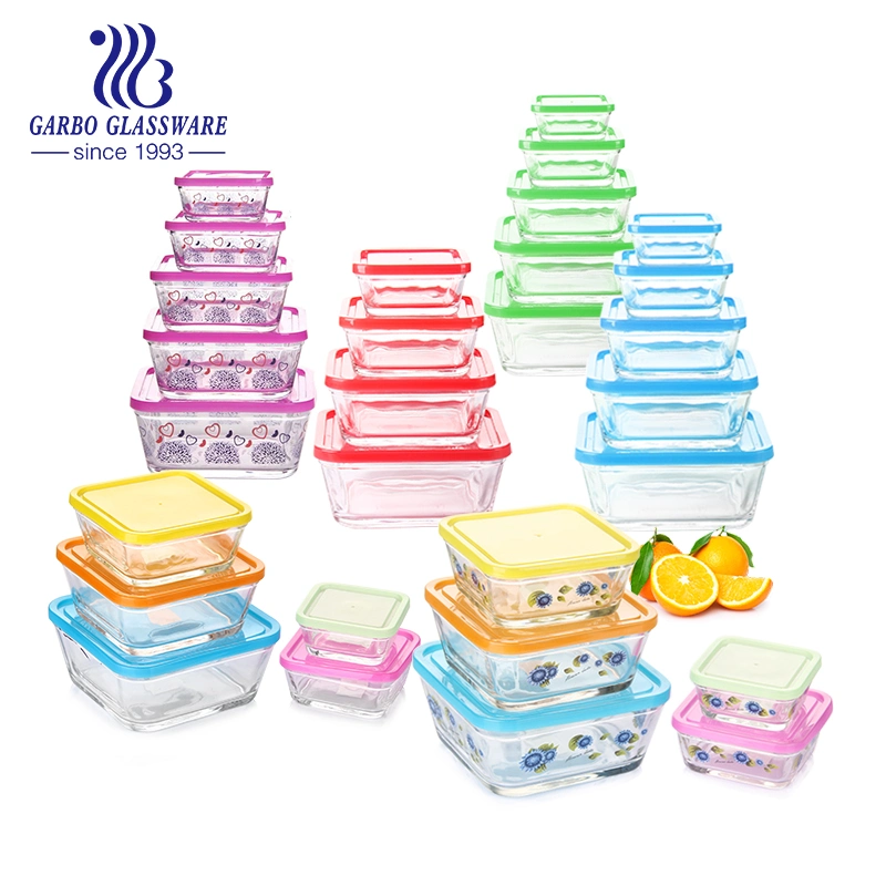 Farbenfrohe Einrichtung 5pcs Square Glas Schüssel Set Food Container Set Aufbewahrungskorb Für Salat