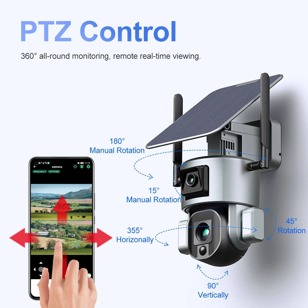 PTZ Alerta solar de 4G cámara CCTV Girar 360 grados impermeable al aire libre Solar Detección de movimiento 3MP cámara CCTV de 4G