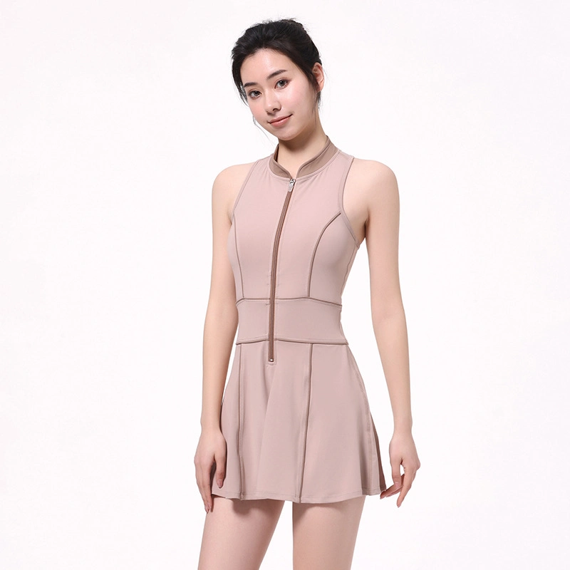 Summer New Products Hit Color Nude Sports Tennis Fitness Dress Zipper Sexy Slim Sleeveless Tennis Clothes