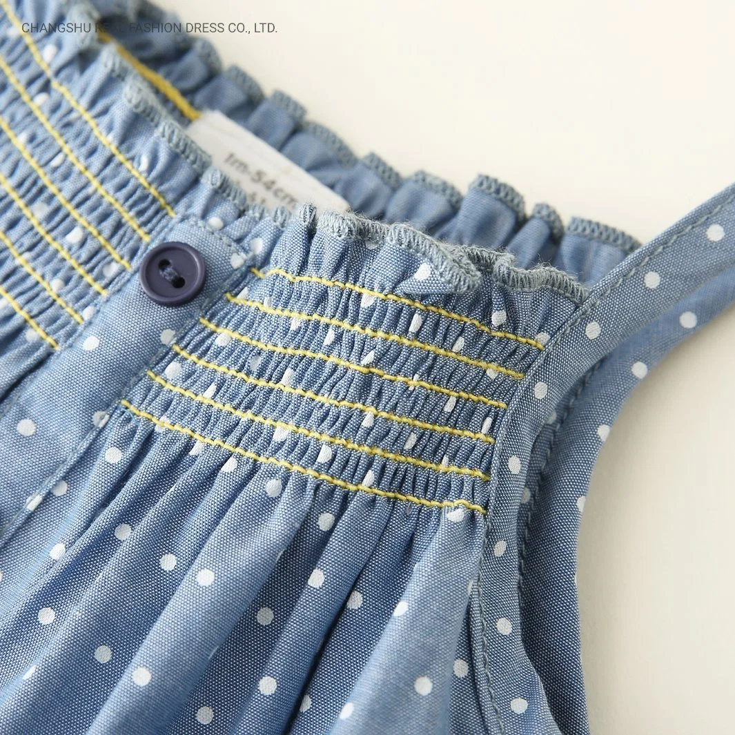 Girl Children Clothing Kids Chambray Dress Wear with Print Dots and Embroidery