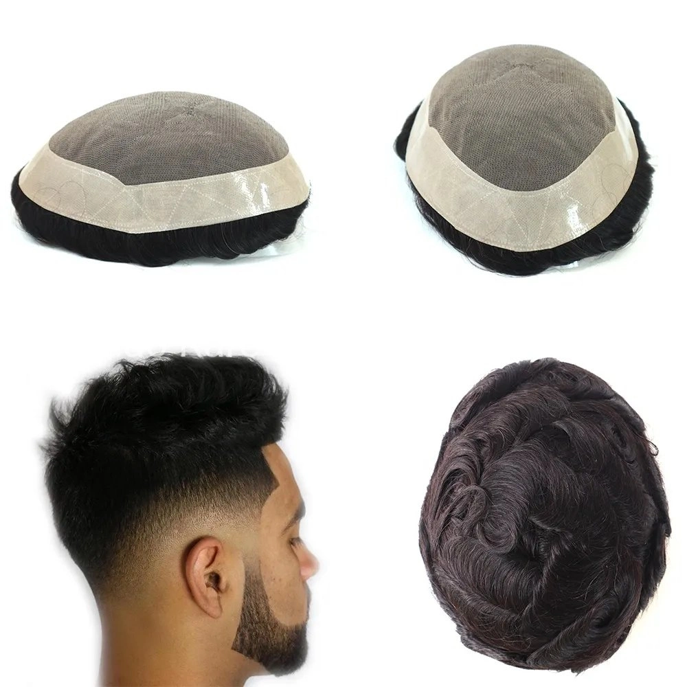 Fine Mono Human Hair Toupee Topper Hair Replacement System for Men