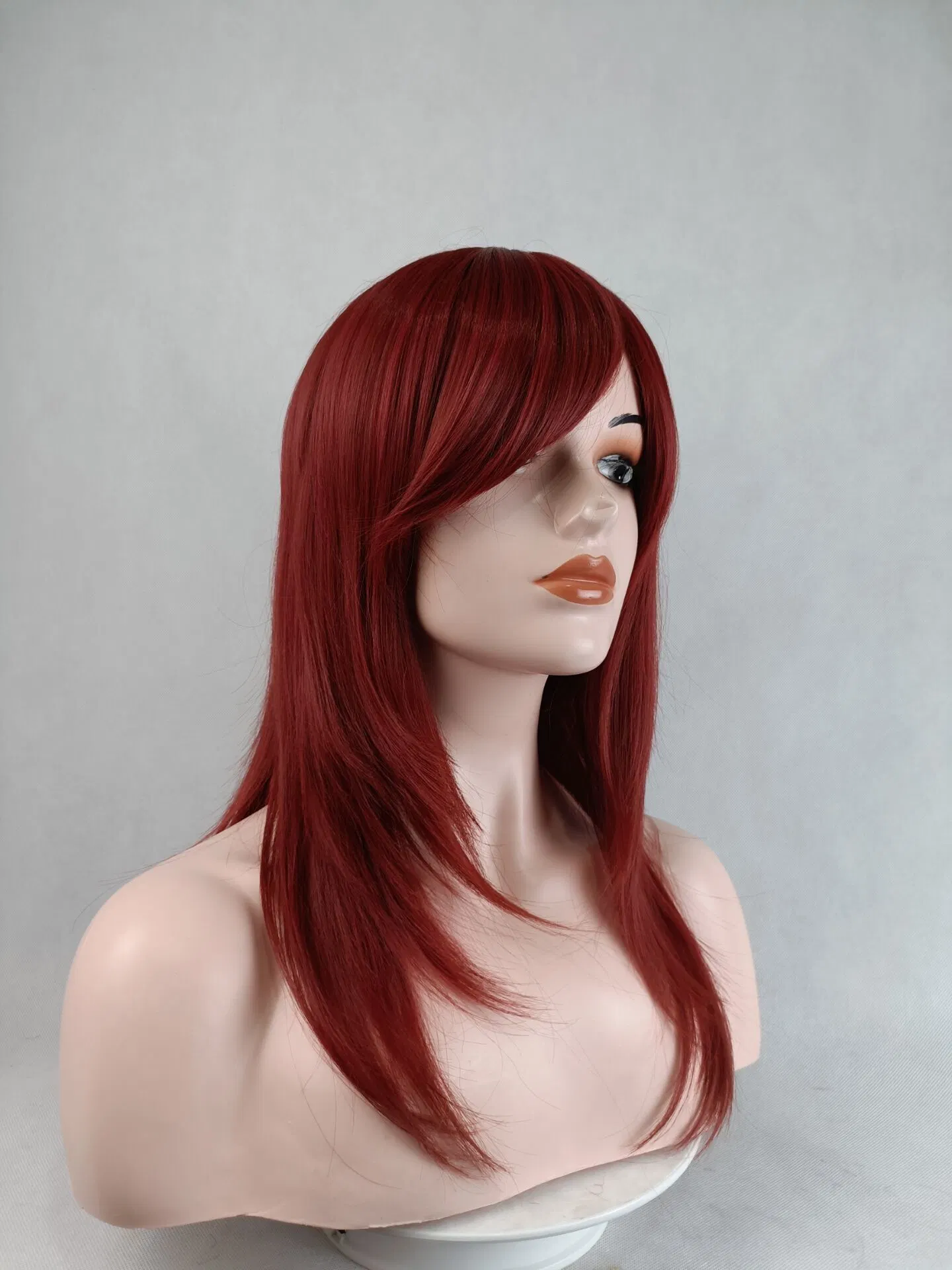 High quality/High cost performance  Portuguese Wine Red Long Straight Hairpieces Synthetic Fiber Wigs with Bangs