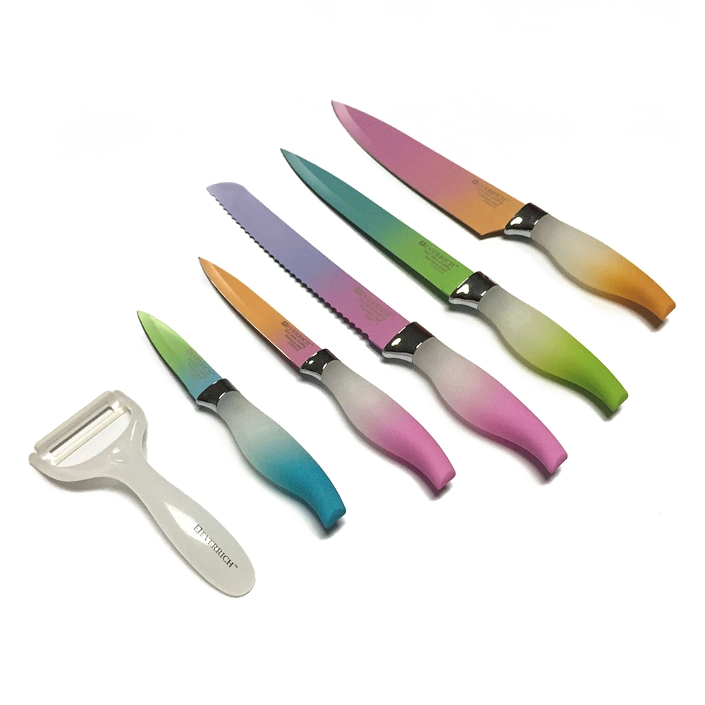 5 Kitchen Knives and 1 Ceramic Peeler - Rainbow Kitchen Knife Set with Color-Coded Handle, Food Safe Non-Stick Coating - Chef Knife Set in Luxury Gift Box