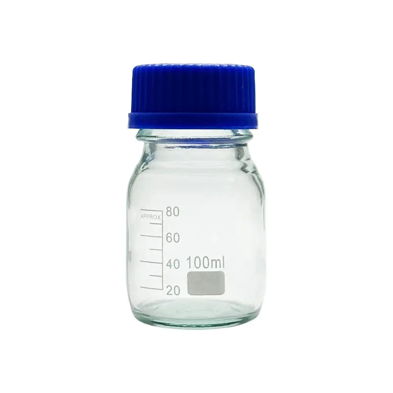 Laboratory Lab Glass Wide Mouth Reagent Bottle Blue Screw Clear Glass Reagent Bottle