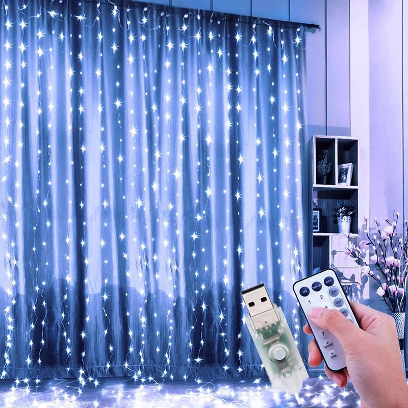 3mx2m 200-LED Fairy String Light Christmas Wedding Party Decoration USB 8-Mode Curtain Window LED Light - Warm White