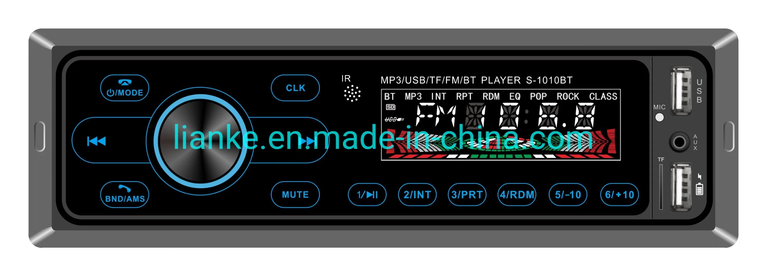 Rádio de carro com painel tátil e USB.