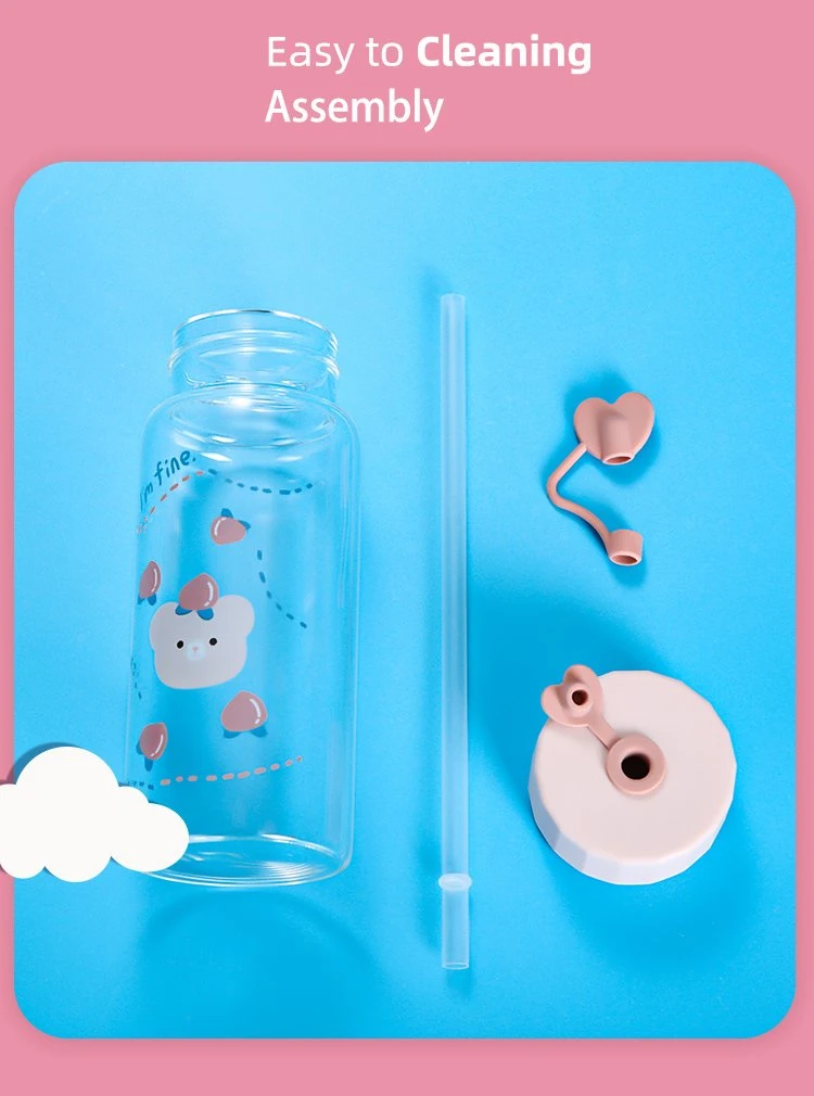 Eco Friendly Drinking Clear Mugs Kids Cute Min Fruit Juice Coffee Tea Milk Cup Clear Borosilicate Smoothie Jar Glass Water Bottle with Straw