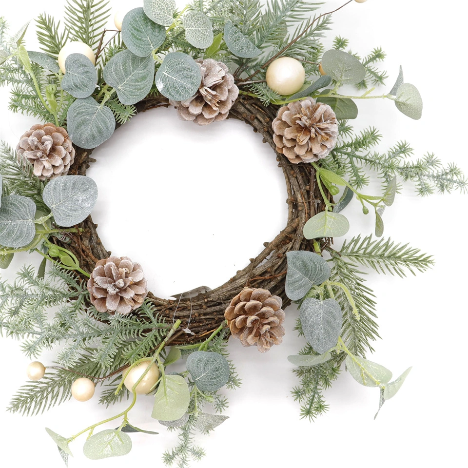 Christmas Wreath Made of Pine Cones and Green Leaves Hanging Crafts for Christmas Decoration