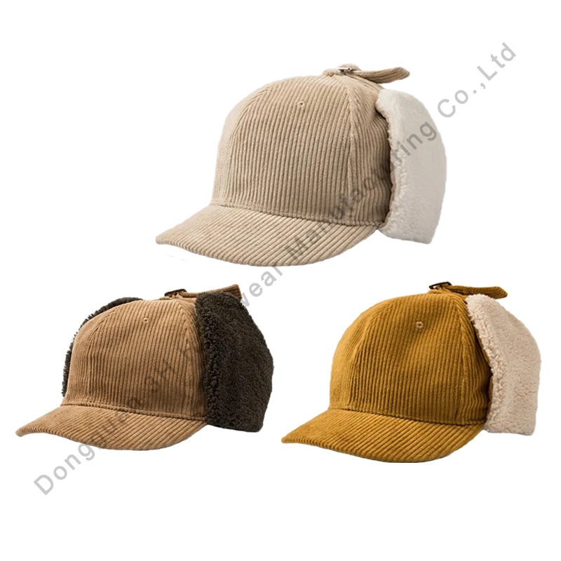 Wholesale Outdoor 6 Panel Plain Warm Winter Hats Custom Wool Baseball Caps with Ear Flaps