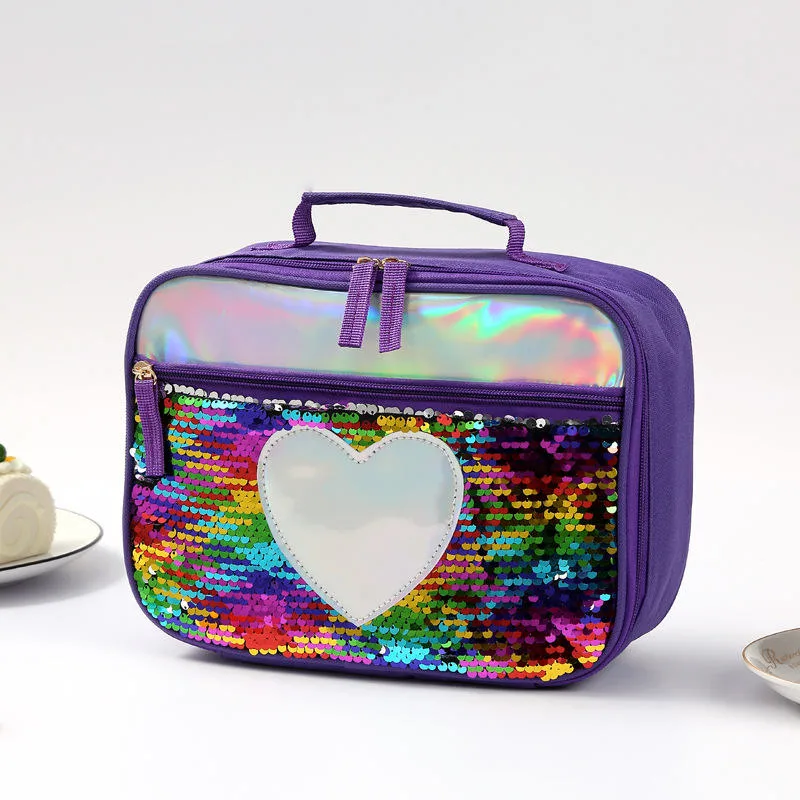 Stylish Pink Sparkling Sequin Food Cooler Bag Insulated Lunch Bag for Kids