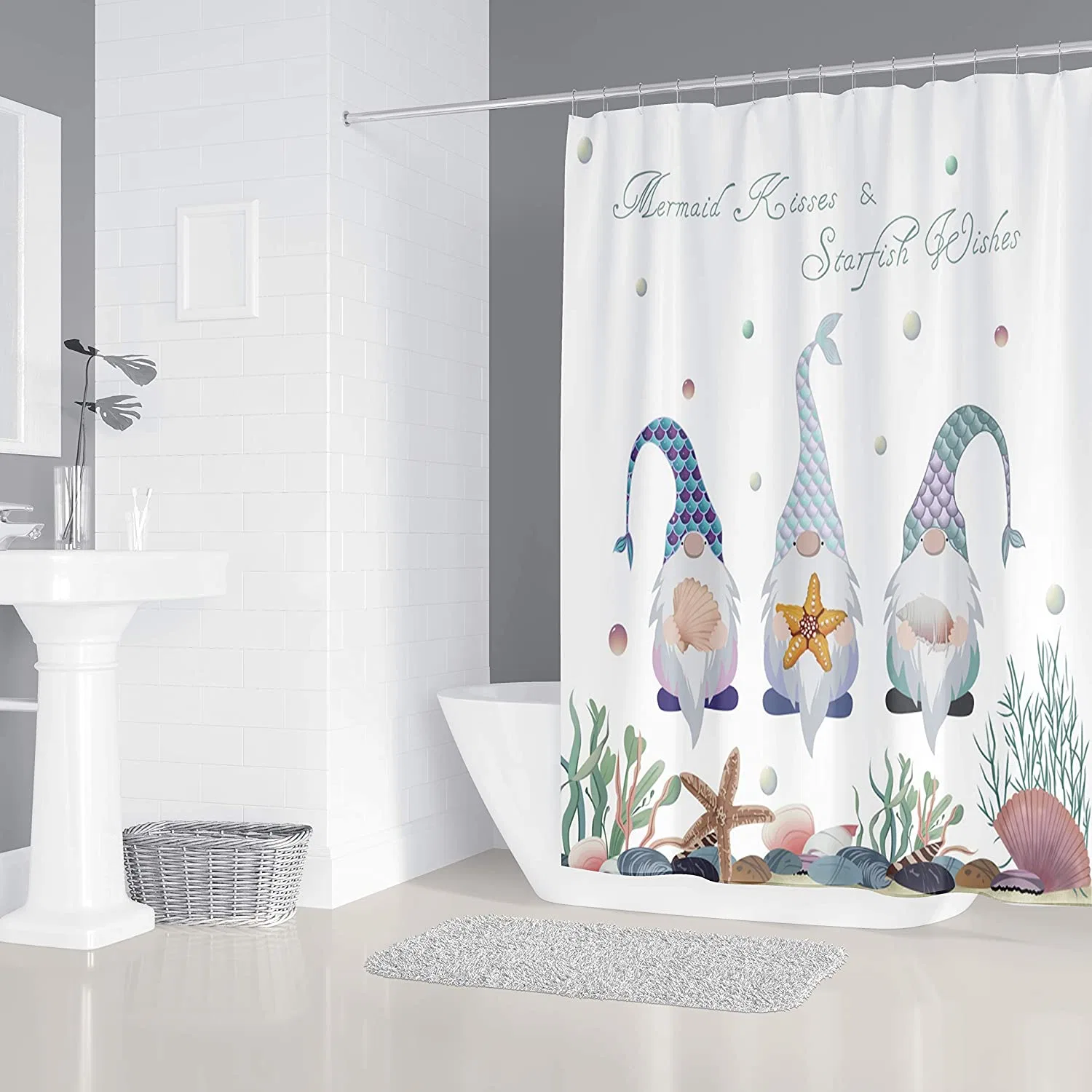 Christmas Gnome Shower Curtain Sets 4PCS with Holiday Decorations Non-Slip Rug, Toilet Lid Cover, Bath Mat and 12 Hooks Durable Waterproof Bath Curtain