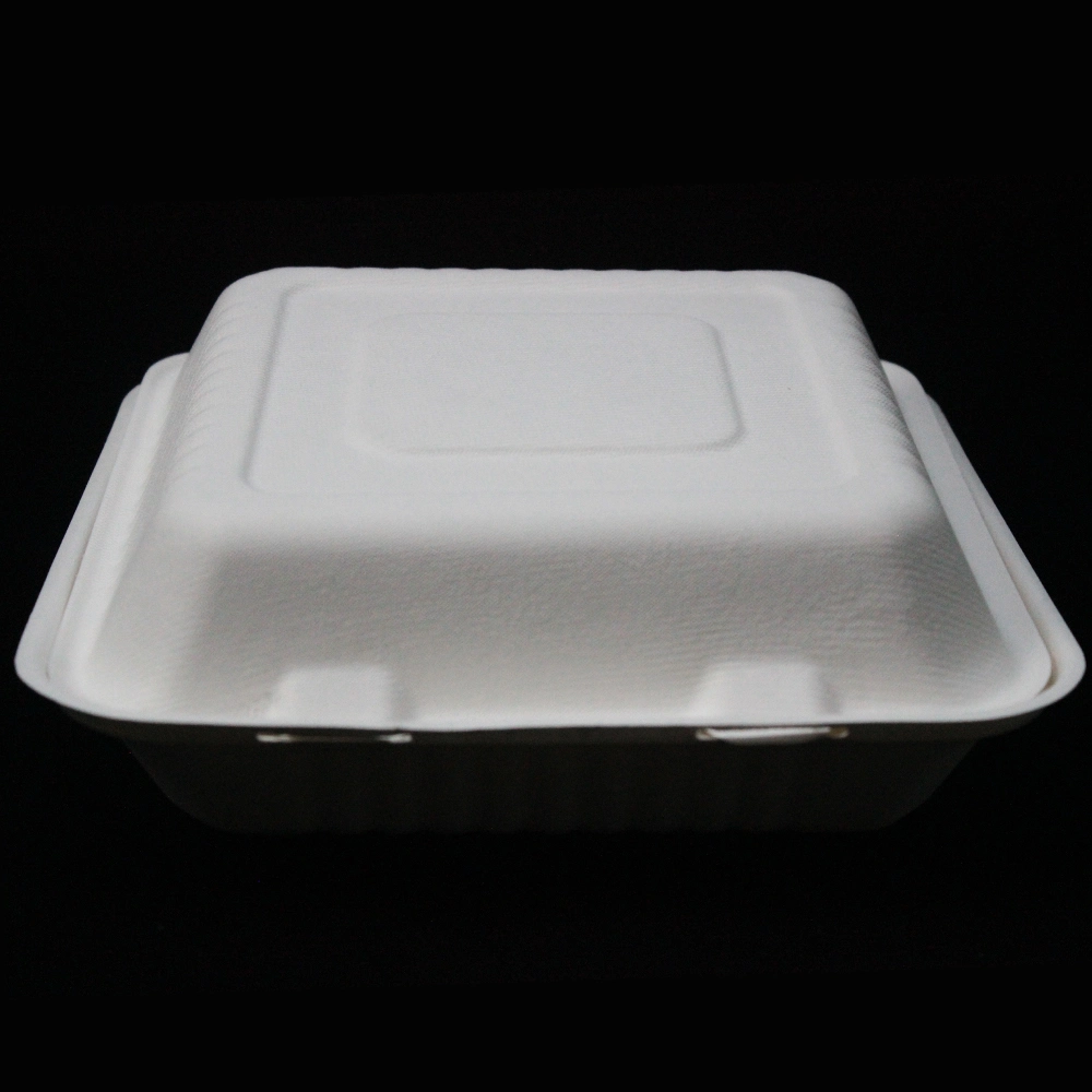 100% Biodegradable Disposable Sugarcane Tableware Bagasse 3 Compartments Clamshell Box in One Shrink Package