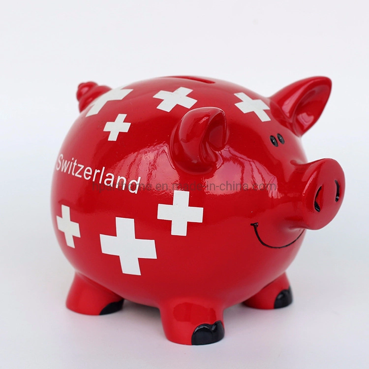 Customized Switzerland Glossy Red Color Resin Lovely Piggy Money Box