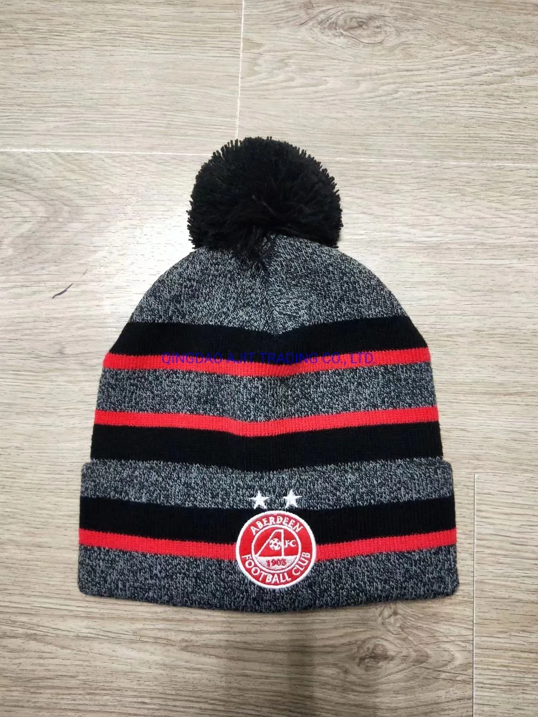 Custom Knitted Embroidery Beanie Promotional Winter Hat with Hair Ball