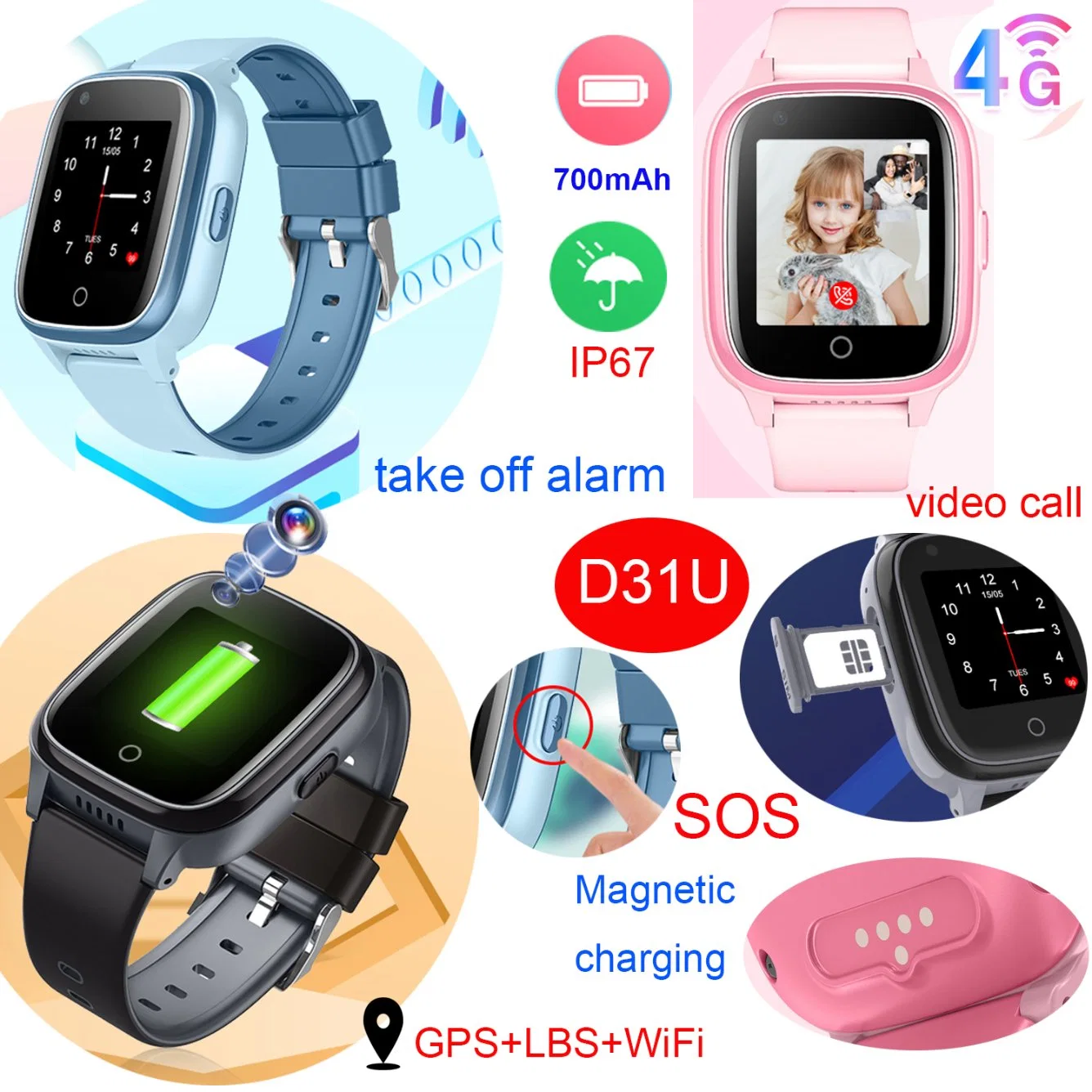 Christmas gift LTE IP67 Waterproof Smart SOS Kids GPS Tracker Watch with Video Call Removal Alert for Baby Child Safety monitoring D31U