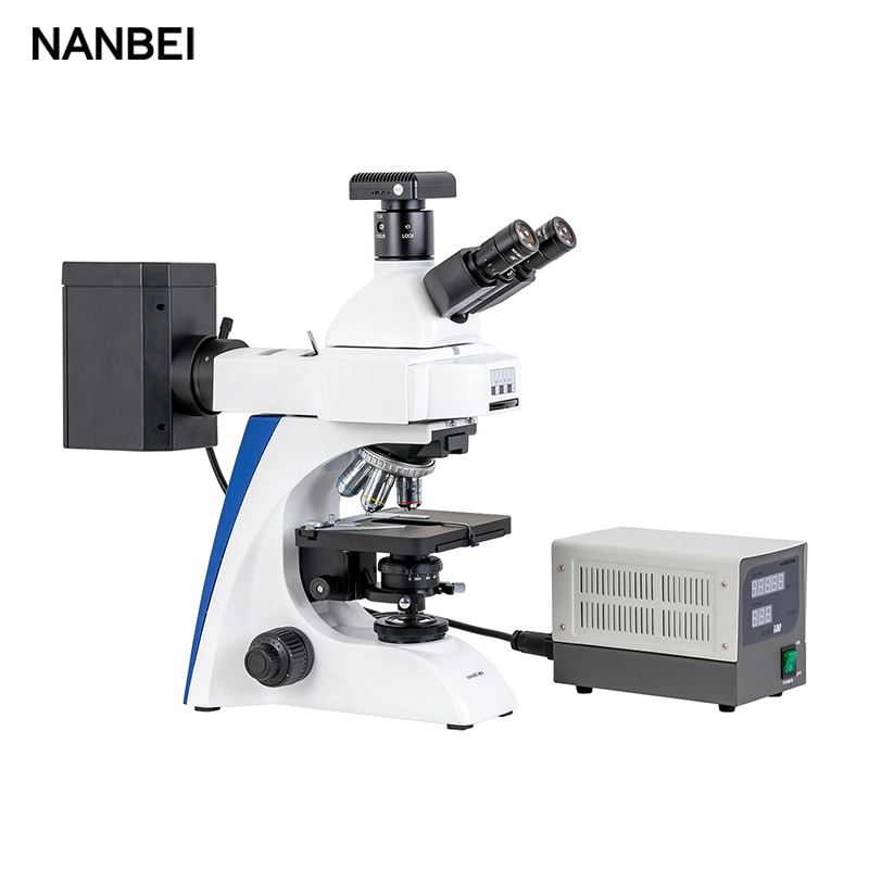 Laboratorio de Óptica, fluorescencia microscopio biológico vertical con el adaptador y diapositivas