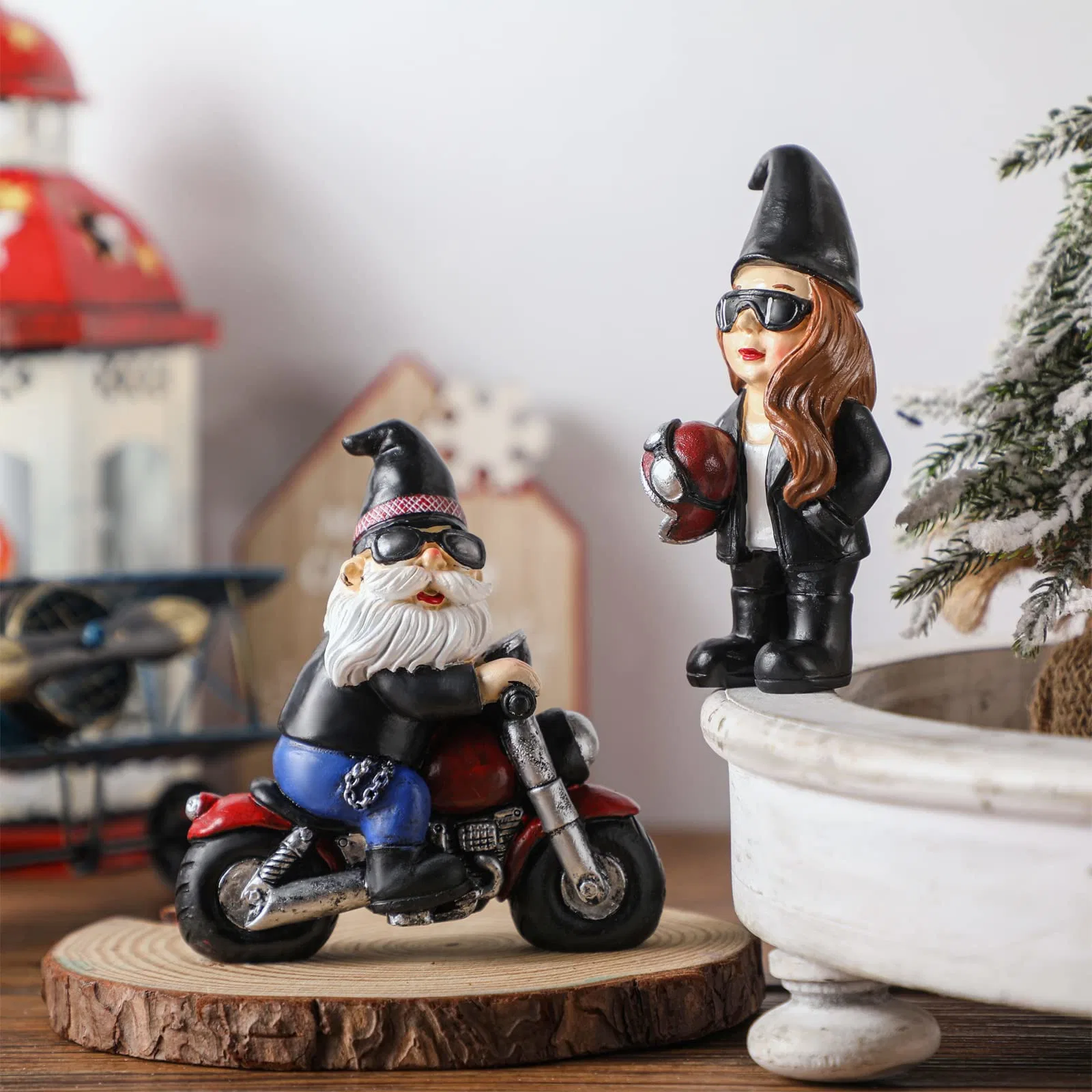 Biker Motorcycle Gnomes Farmhouse Decor Christmas Gnomes Resin Figurines