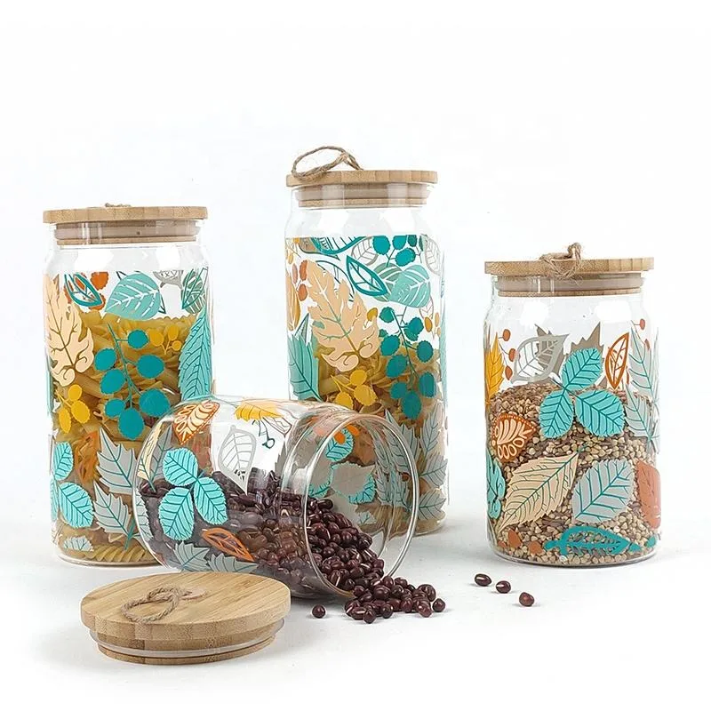 Set of 4 High Borosilicate Glass Decal Pattern Storage Container Jar with Wooden Lid