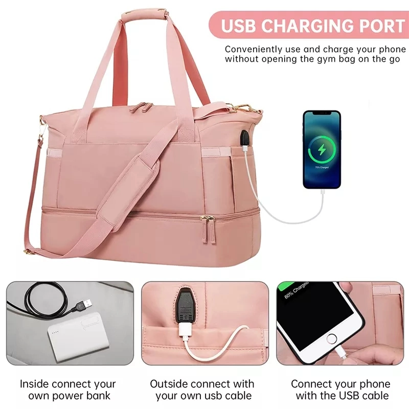 Sac de sport pour femmes avec port de chargement USB Sac de voyage de nuit Avec poche humide et compartiment à chaussures sacs de sport de voyage